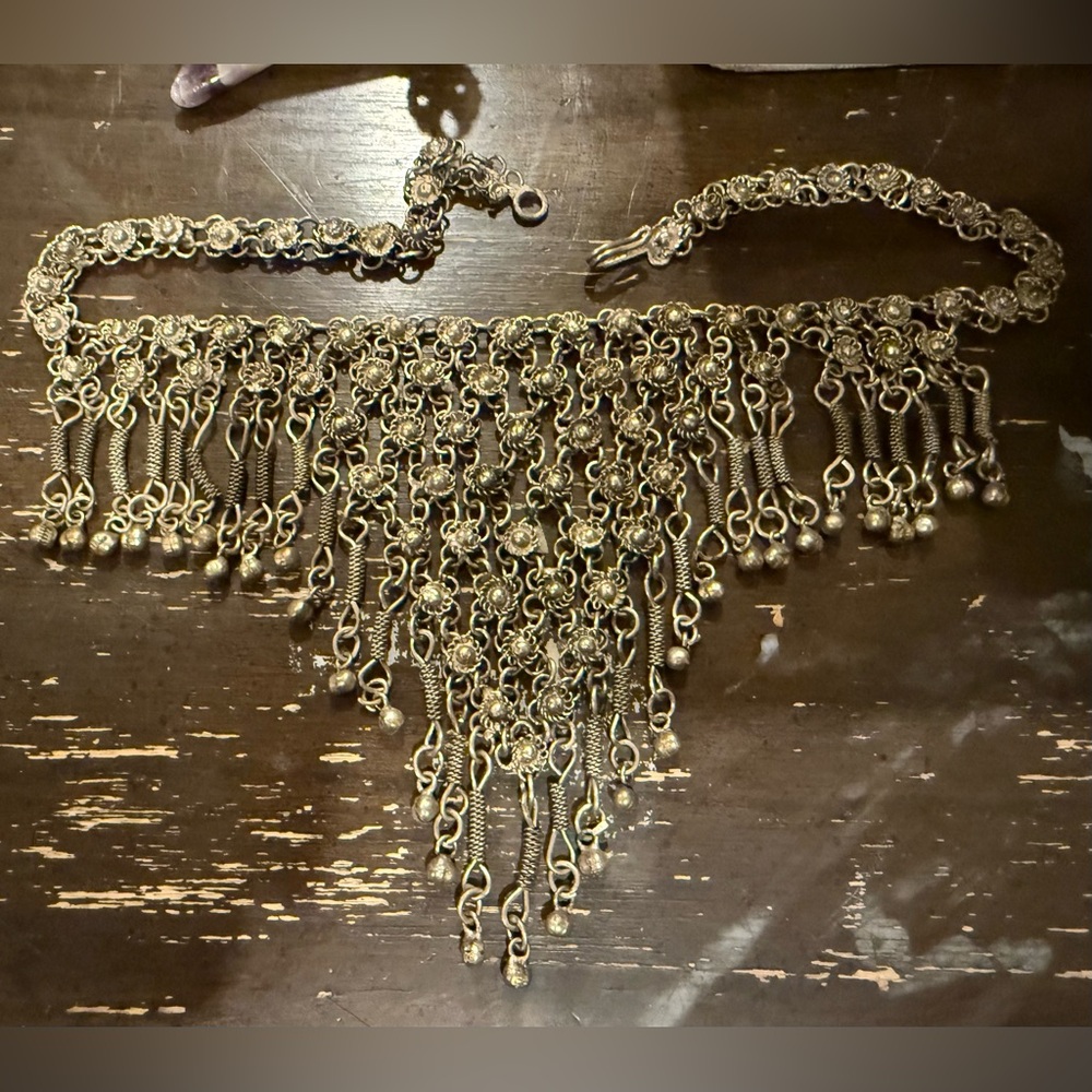 Vintage Belly Dance Bib Collar Necklace Silver Tone, J Hook  Adjustable